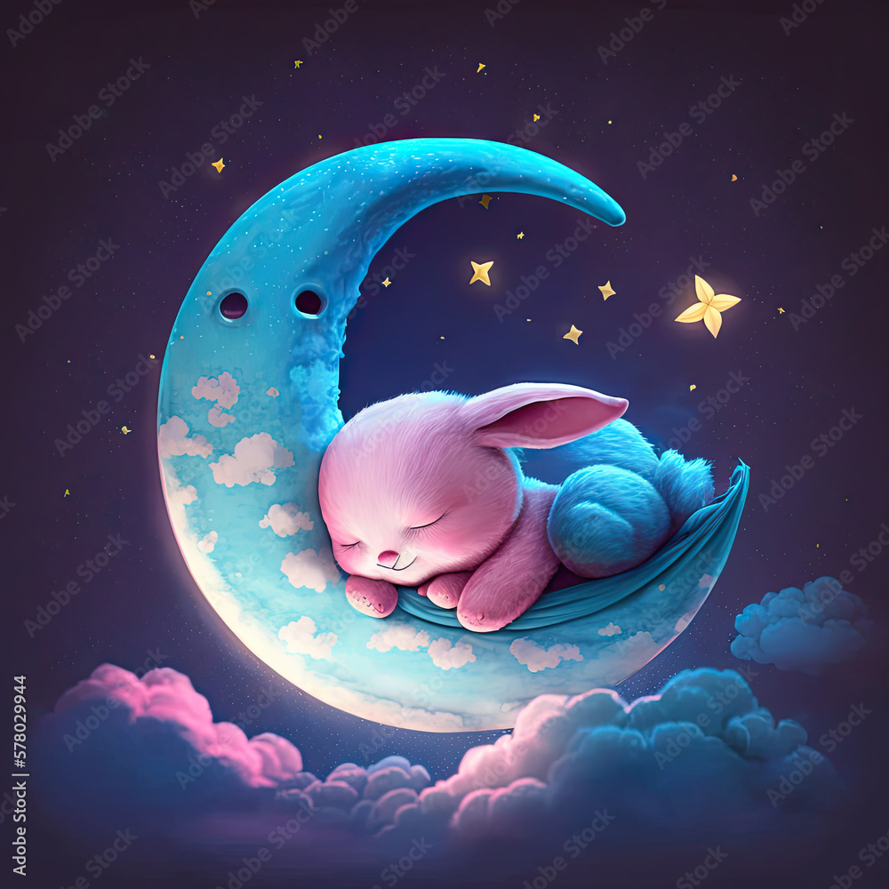 Wall mural baby bunny napping on the moon in a gorgeous pink and blue cloudscape created using generative ai