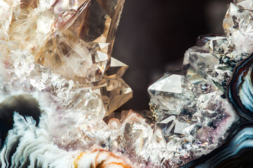 Quartz geode crystals. macro detail texture background. close-up raw rough unpolished semi-precious gemstone