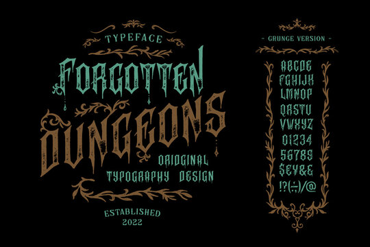 Vector vintage font Dungeon. Letters and numbers