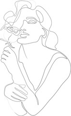 the girl holds a rose flower in her hand. Silhouettes in modern trendy style with one line. Solid outline for decor, posters, stickers, logo.