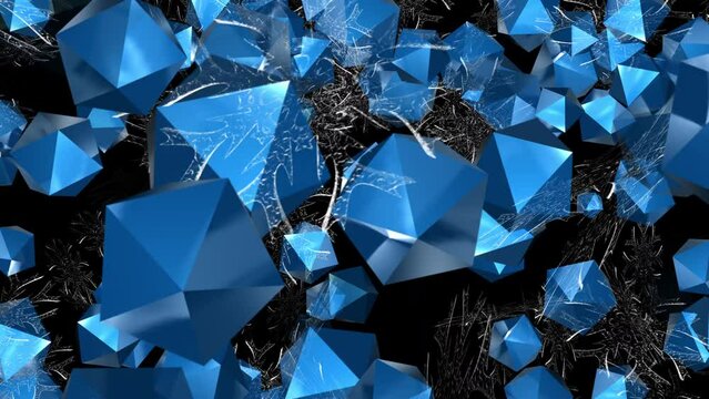 Futuristic geometric shapes among snowflakes in a chaotic flight. Close-up. Animated digital graphics. Great video for tech or futuristic use. 3D. 4K. Isolated black background.
