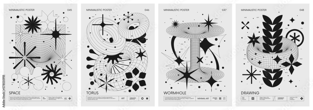 Wall mural Futuristic retro vector minimalistic Posters with strange wireframes graphic assets of geometrical shapes modern design inspired by brutalism and silhouette basic figures, set 12