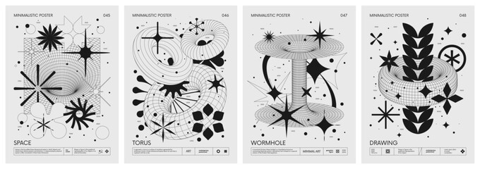 Futuristic retro vector minimalistic Posters with strange wireframes graphic assets of geometrical shapes modern design inspired by brutalism and silhouette basic figures, set 12 - obrazy, fototapety, plakaty