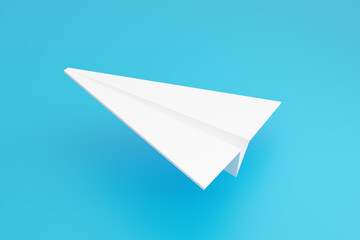 Paper plane 3d render illustration. White paper airplane on light blue backdrop.