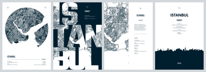 Naklejka premium Set of travel posters with Istanbul, detailed urban street plan city map, Silhouette city skyline, vector artwork