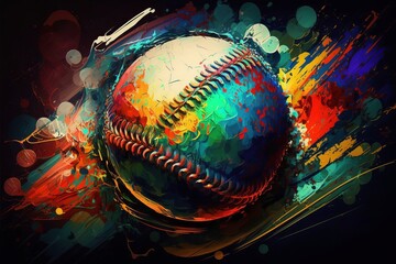 Piłka Baseball abstrakcyjny kolorowy akrylowy obraz Generative AI - obrazy, fototapety, plakaty