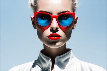 Blond  female adult model wearing a white suit and blue and red sunglasses on a blue background, Beauty fashion concept, Generative Al