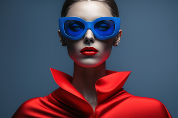 portrait of a brunette  female adult model wearing a red suit and blue sunglasses, Beauty fashion concept, Generative Al