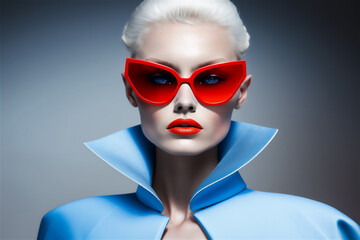Blond  female adult model wearing a blue suit and red sunglasses, Beauty fashion concept, Generative Al