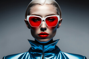 female model wearing a blue suit and white sunglasses, Beauty fashion concept, Generative Al