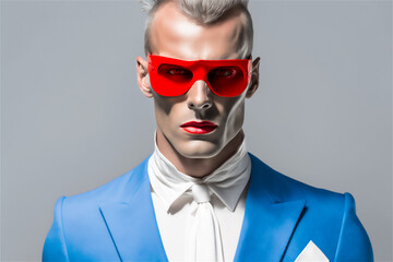 Fashionable blond male model with a fantastic blue, red and white super hero makeup, Generative Al