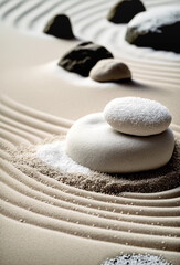zen garden with white sand and stones
