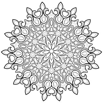 Decorative mandala with floral patterns on a white isolated background. For coloring book pages.