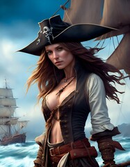 A strong and appealing female pirate, with a tricorn hat
