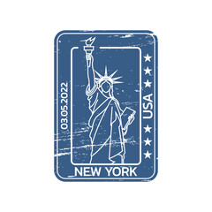 New York City travel stamp with The Statue of Liberty. Passport seal with grunge texture. USA symbol. Vector illustration.