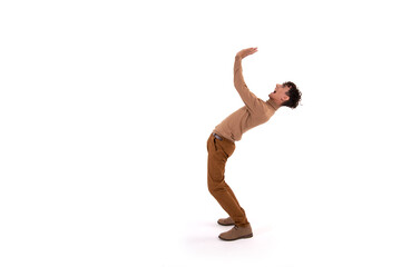 Funny guy is dancing on a white background. Human emotions. Isolate.