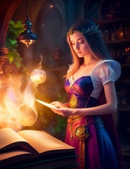 a graceful female alchemist, her gaze focused on a book of ancient recipes