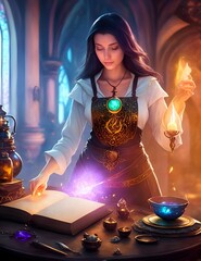 a graceful female alchemist, her gaze focused on a book of ancient recipes