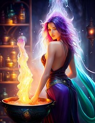 a stunning female alchemist, her hair cascading down her back as she stirs a bubbling cauldron