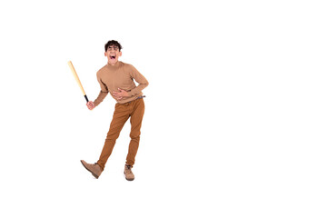 Funny man in full growth with a baseball bat in his hands on an isolated background. Sports hobbies.