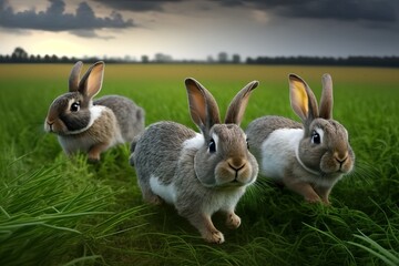 Fototapeta premium Rabbits hopping through a field, bunny photo (Ai generated)