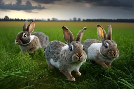 Rabbits hopping through a field, bunny photo (Ai generated)