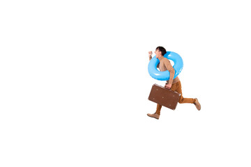 Funny man with an inflatable ring. The guy dreams of a vacation. White background.