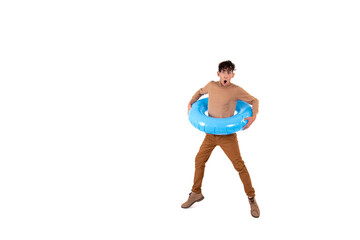 Funny man with an inflatable ring. The guy dreams of a vacation. White background.