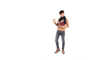 Cheerful attractive student. Guy with textbooks on a white background.