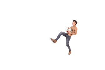 Cheerful attractive student. Guy with textbooks on a white background.