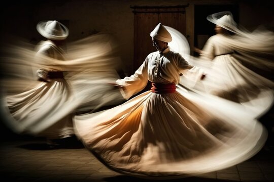 Whirling Dervishes. Sufi whirling dance with motion blur effect. Created using Generative AI