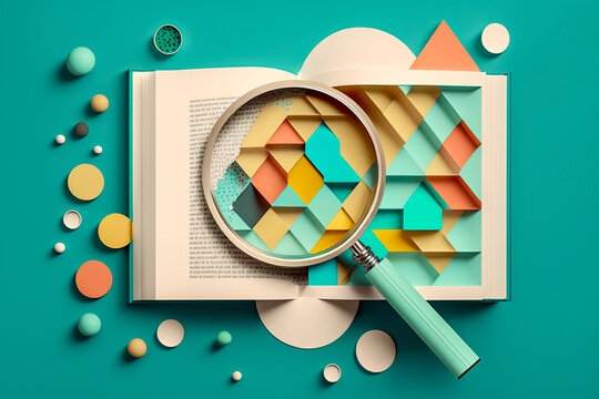 Abstract of book and magnifying glass for education concept, Generative AI.