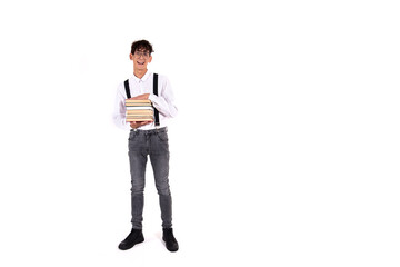 Cheerful attractive student. Guy with textbooks on a white background.
