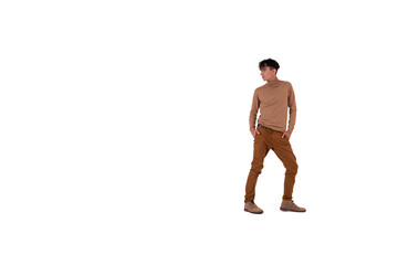 Funny guy is dancing on a white background. Human emotions. Isolate.
