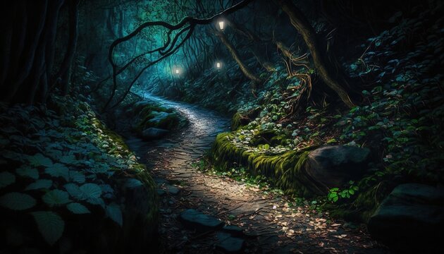  a painting of a path in a dark forest with lights on the trees and rocks on the ground at the end of the path is a path.  generative ai