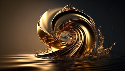  a golden wave in the water with a dark background and a light reflection on the water's surface, creating a golden wave in the middle of the water.  generative ai