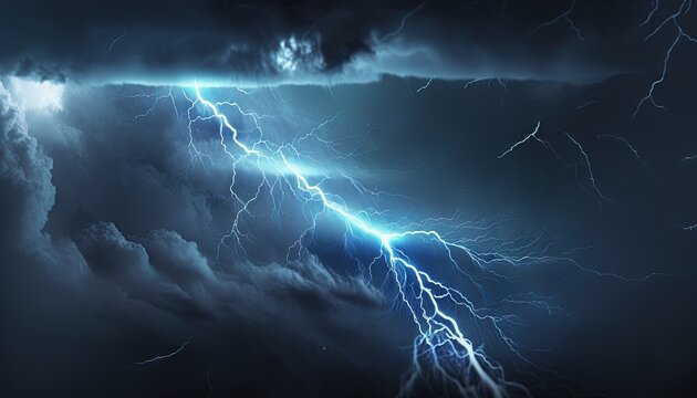  a lightning storm is seen in the sky above a dark cloud filled with lightning and lightning strikes in the sky above the clouds are a bright blue lightening.  generative ai