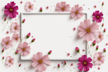 Wildflower cosmo flower floral frame ,hulthemia, rosa. Aquarelle wild flower for background, texture, wrapper pattern, frame or border.generative ai