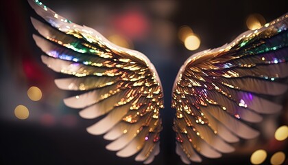  a close up of an angel wing with lights in the background and a blurry image of the wing of an angel in the foreground.  generative ai