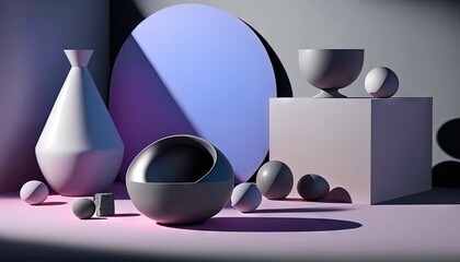  a group of vases sitting on top of a table next to each other in a room with a purple light coming through the window.  generative ai