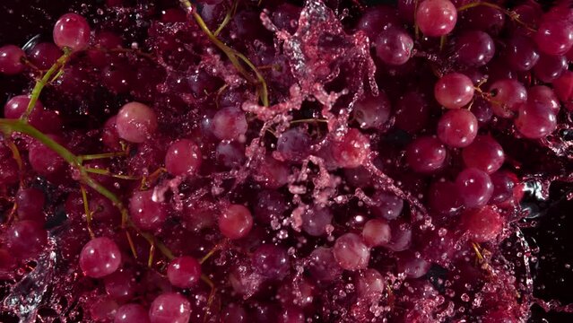 Super Slow Motion Shot of Fresh Grape Falling into Red Wine on Black Background at 1000 fps.