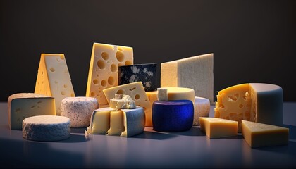  a variety of cheeses are arranged on a table with a black background and a blue vase in the middle of the photo, with a dark background.  generative ai