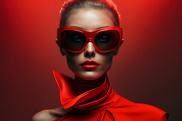 portrait of a blond woman wearing red suit and red sunglasses