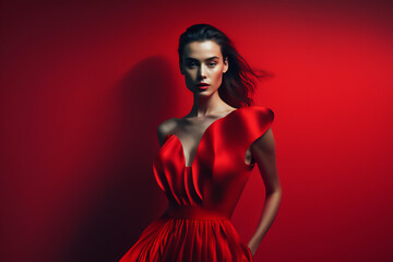 beautiful young woman wearing red dress, Generative Al - obrazy, fototapety, plakaty