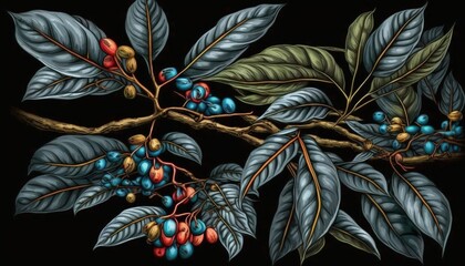  a painting of a branch with berries on it and leaves on the branch with berries on the branch and leaves on the branch with berries on the branch.  generative ai