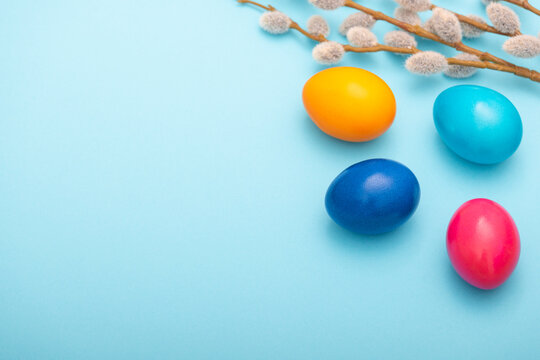 Easter eggs on light blue background. Easter decoration