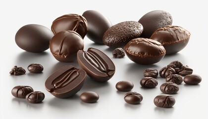  a pile of chocolates and nuts on a white background with a shadow of the chocolate on the top of the image and the chocolates on the bottom of the image.  generative ai