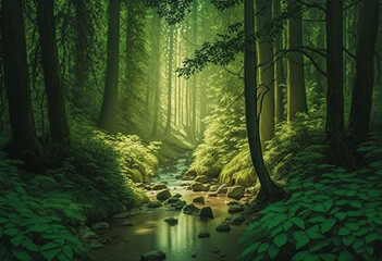 Ai-Generated Render of a Vibrant, Sunlit Forest: A Peaceful Journey Through Nature's Verdant Wilderness