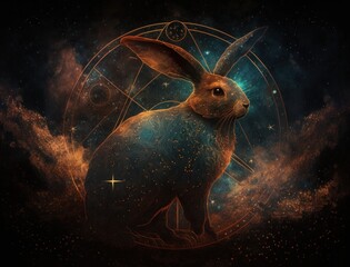 Chinese Zodiac rabbit sign on space background. Concept of horoscope and fortune telling concept. Generative AI.