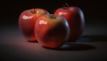 Fototapeta na wymiar three red apples sitting side by side on a black surface with a shadow on the ground and a black background with a shadow on the ground. generative ai